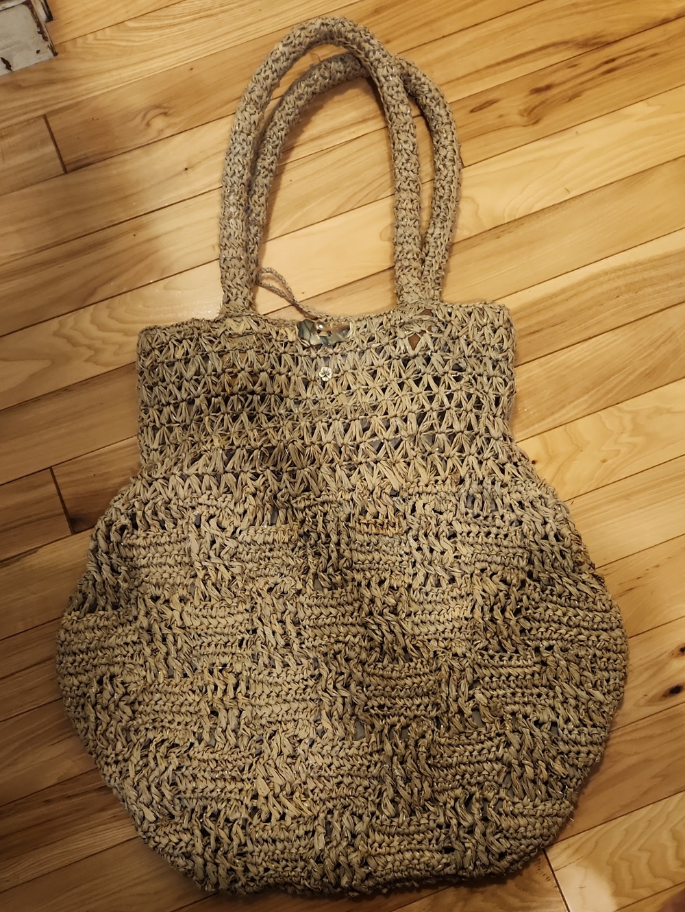 Handmade Woven Straw Tote Bag - Natural Beige W/metallic Accents